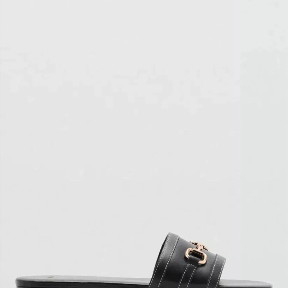 Mango Black Slide Sandals with Gold Horsebit Trim - Picture 3 of 8